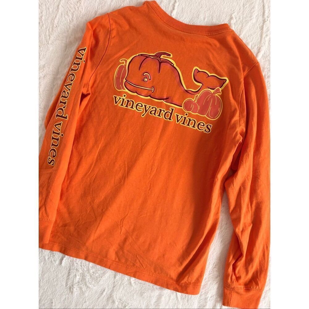 Vineyard Vines Kids Orange Pumpkin Whale Long Sleeve Pocket T-Shirt Size S 8–10